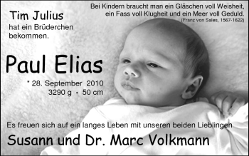 Babyanzeige von Paul Elias Volkmann von Nordwest-Zeitung