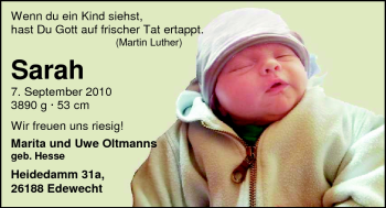 Babyanzeige von Sarah Oltmanns von Nordwest-Zeitung