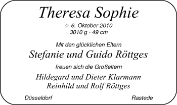 Babyanzeige von Theresa Röttges von Nordwest-Zeitung