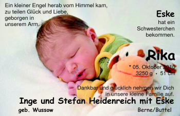 Babyanzeige von Rika Heidenreich von Nordwest-Zeitung