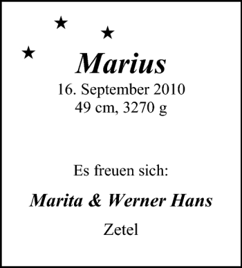 Babyanzeige von Marius Hans von Nordwest-Zeitung