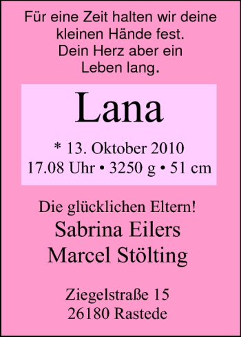 Babyanzeige von Lana  von Nordwest-Zeitung