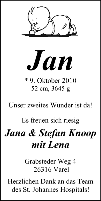 Babyanzeige von Jan  von Nordwest-Zeitung