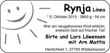 Babyanzeige von Rynja Lenea Löwensen von Nordwest-Zeitung
