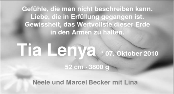 Babyanzeige von Tia Lenya Becker von Nordwest-Zeitung