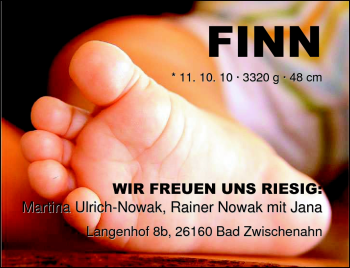 Babyanzeige von Finn Nowak von Nordwest-Zeitung