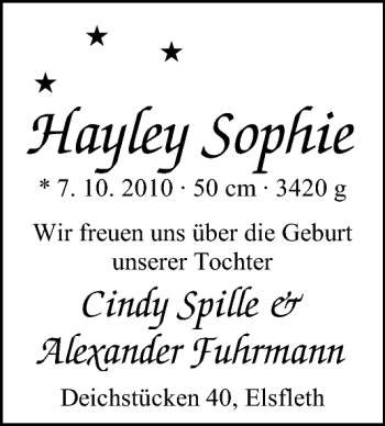 Babyanzeige von Hayley Sophie  von Nordwest-Zeitung