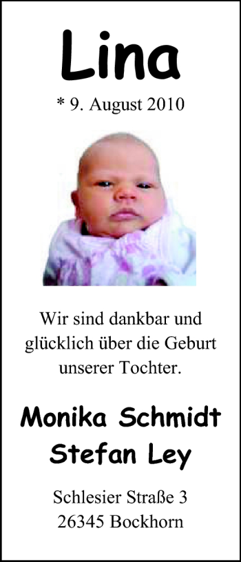 Babyanzeige von Lina  von Nordwest-Zeitung