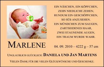 Babyanzeige von Marlene Martens von Nordwest-Zeitung