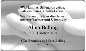 Babyanzeige von Alma Bolling von Nordwest-Zeitung