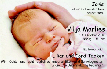 Babyanzeige von Vilja Marlies  von Nordwest-Zeitung