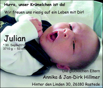 Babyanzeige von Julian Hillmer von Nordwest-Zeitung