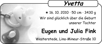 Babyanzeige von Yvetta Fink von Nordwest-Zeitung