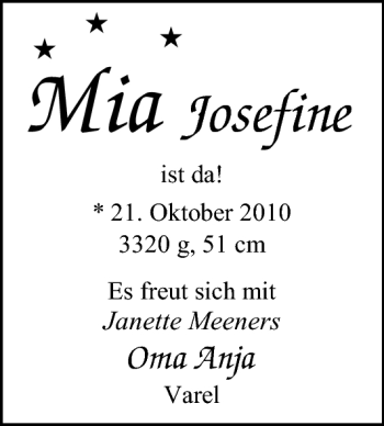 Babyanzeige von Mia Josefine  von Nordwest-Zeitung