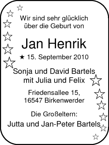 Babyanzeige von Jan Henrik  von Nordwest-Zeitung