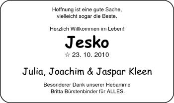 Babyanzeige von Jesko Kleen von Nordwest-Zeitung