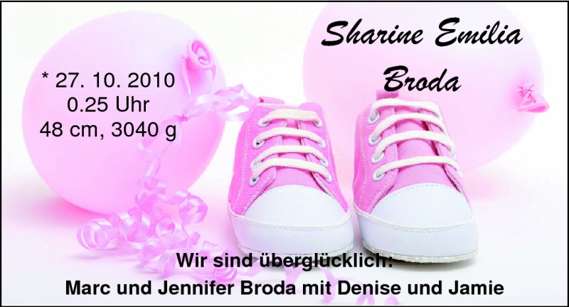 Anzeige für Sharine Emilia Broda vom 30.10.2010 aus Nordwest-Zeitung