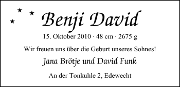 Babyanzeige von Benji David  von Nordwest-Zeitung