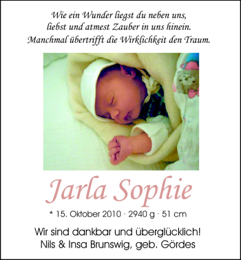 Babyanzeige von Jarla Sophie  von Nordwest-Zeitung