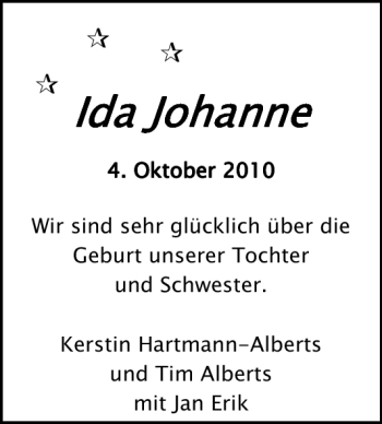 Babyanzeige von Ida Johanne  von Nordwest-Zeitung
