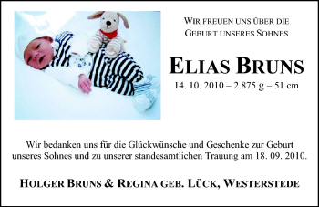 Babyanzeige von Elias Bruns von Nordwest-Zeitung
