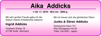 Babyanzeige von Aiko  von Nordwest-Zeitung