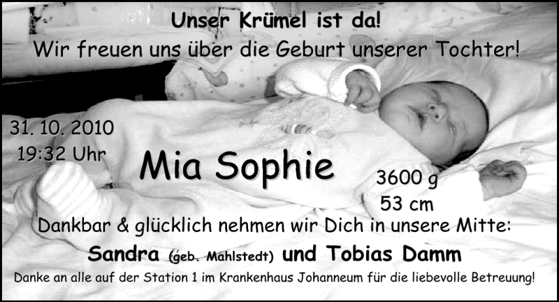 Anzeige für Mia Sophie Damm vom 06.11.2010 aus Nordwest-Zeitung