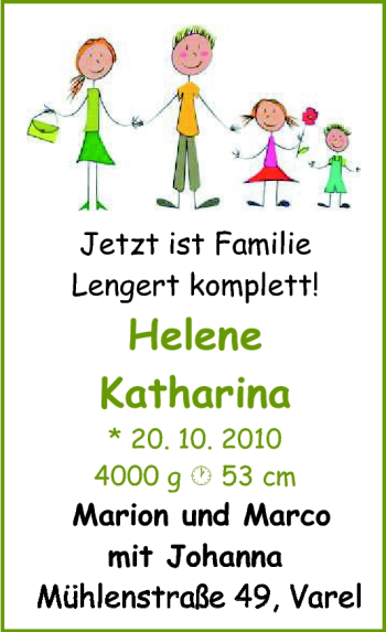 Babyanzeige von Helene Katharina Lengert von Nordwest-Zeitung