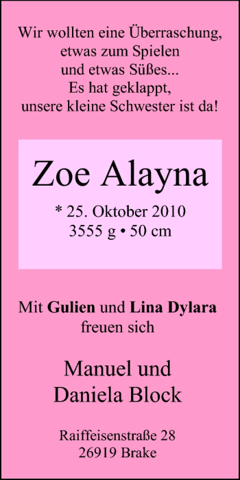 Babyanzeige von Zoe Alayna Block von Nordwest-Zeitung