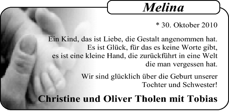 Anzeige für Melina Tholen vom 13.11.2010 aus Nordwest-Zeitung