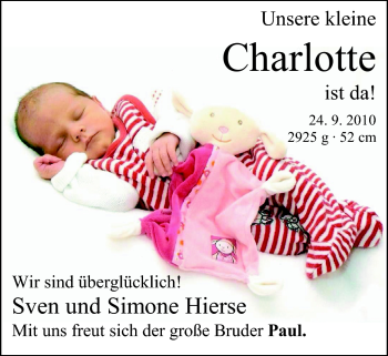 Babyanzeige von Charlotte Hierse von Nordwest-Zeitung