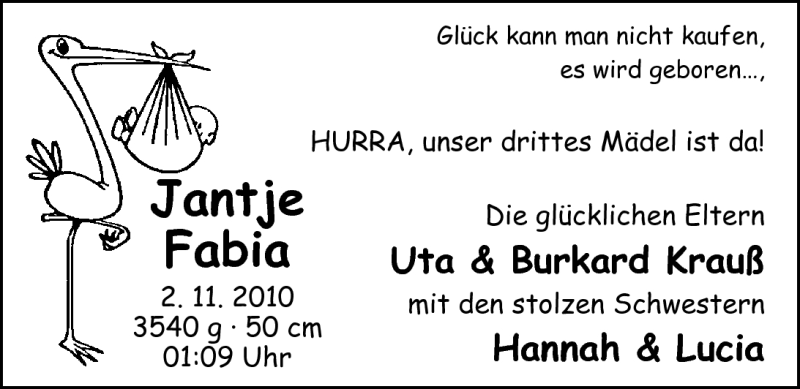 Anzeige für Jantje Fabia vom 13.11.2010 aus Nordwest-Zeitung