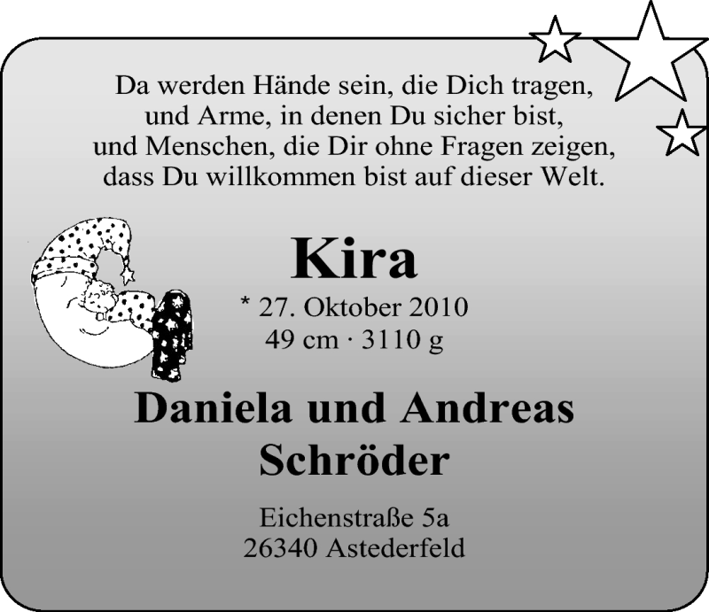 Anzeige für Kira Schröder vom 13.11.2010 aus Nordwest-Zeitung