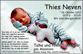 Babyanzeige von Thies Neven Schneider von Nordwest-Zeitung