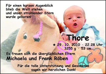 Babyanzeige von Thore Röben von Nordwest-Zeitung