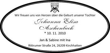 Babyanzeige von Johanna Elisa Aschenbeck von Nordwest-Zeitung