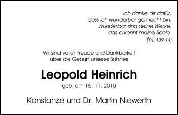 Babyanzeige von Leopold Heinrich Niewerth von Nordwest-Zeitung