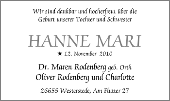 Babyanzeige von Hanne Mari  von Nordwest-Zeitung