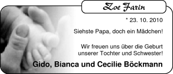 Babyanzeige von Zoe Farin  von Nordwest-Zeitung