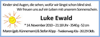 Babyanzeige von Luke Ewald Köpp von Nordwest-Zeitung