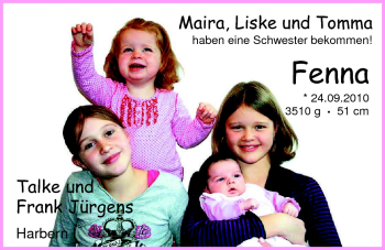 Babyanzeige von Fenna Jürgens von Nordwest-Zeitung