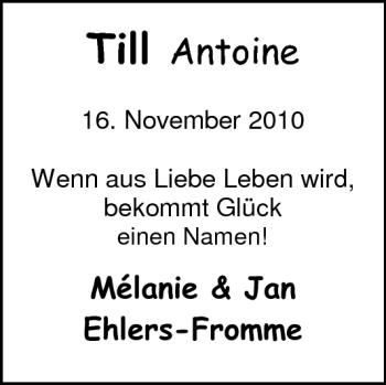 Babyanzeige von Till Antoine  von Nordwest-Zeitung