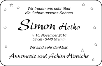 Babyanzeige von Simon Heiko  von Nordwest-Zeitung