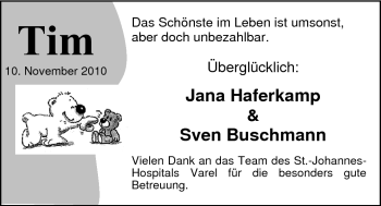Babyanzeige von Tim  von Nordwest-Zeitung