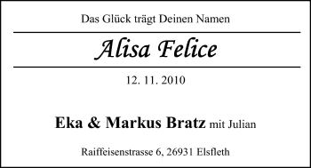 Babyanzeige von Alisa Felice Bratz von Nordwest-Zeitung