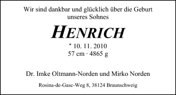 Babyanzeige von Henrich  von Nordwest-Zeitung