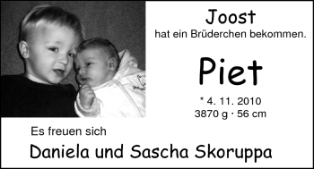 Babyanzeige von Piet Skoruppa von Nordwest-Zeitung