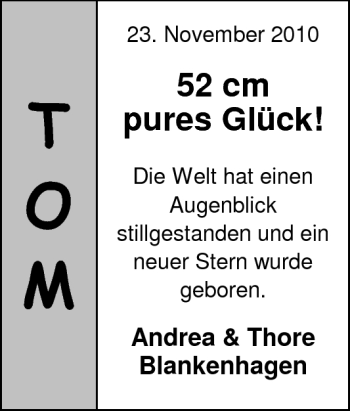 Babyanzeige von Tom Blankenhagen von Nordwest-Zeitung