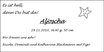 Babyanzeige von Aljoscha  von Nordwest-Zeitung
