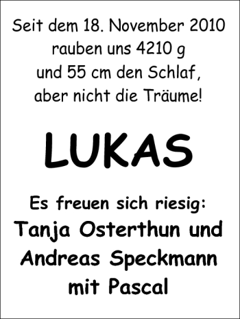 Babyanzeige von Lukas  von Nordwest-Zeitung